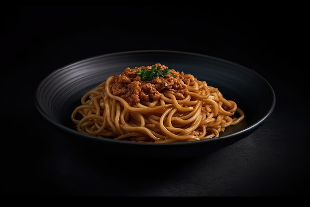 黒い皿に乗った豆板醤のザージャン麺 生成 AI