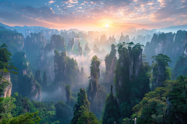 Zhangjiajie Forest Park Majestic cliffs colorful valley at sunrise