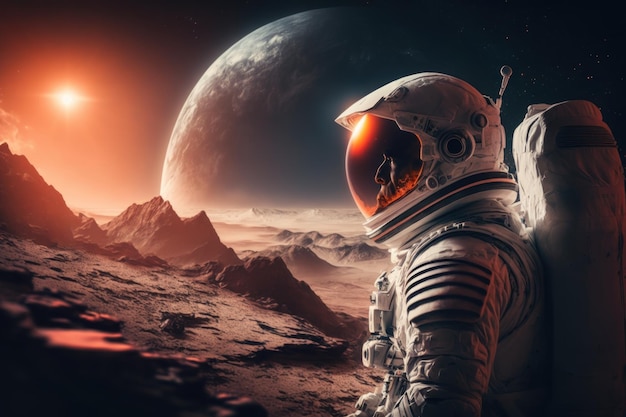 Zicht op de andere planeet Kosmonaut in ruimtepak Mooie illustratie foto Generatieve AI