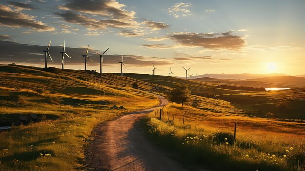 Foto zicht op een dynamisch windpark bij zonsondergang duurzame energie