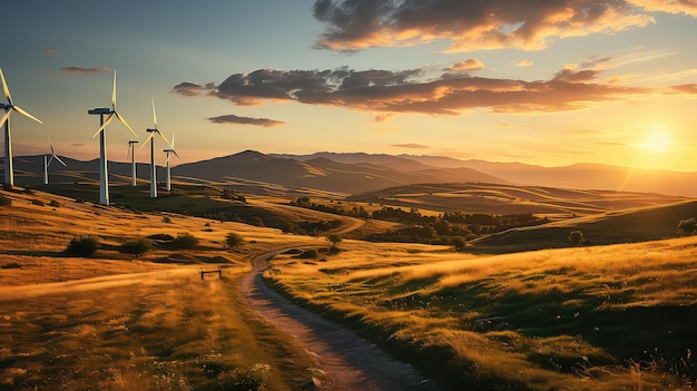 Zicht op een dynamisch windpark bij zonsondergang duurzame energie