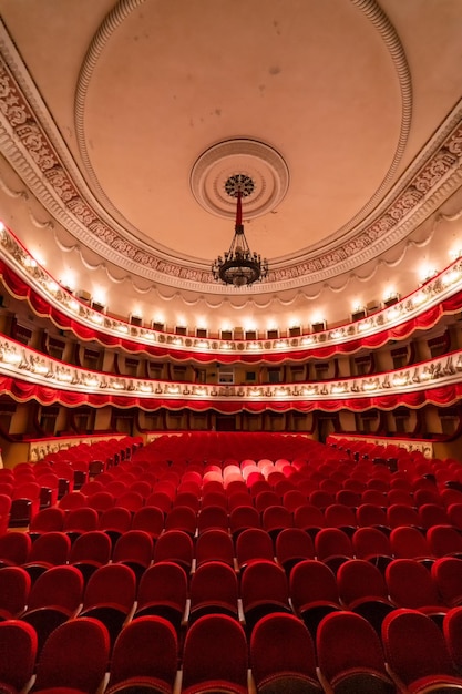 Zicht op een leeg theater met rode stoelen en balkon Theater Binnenaanzicht