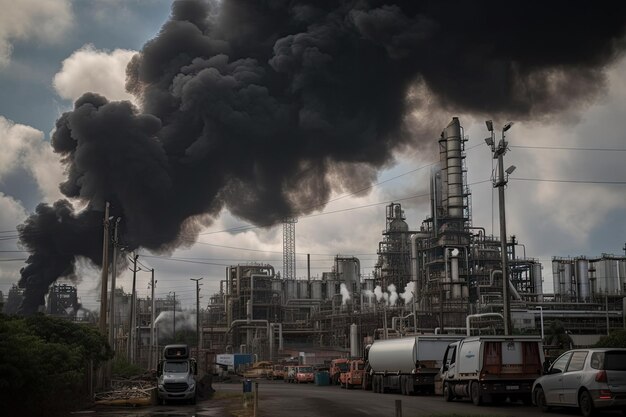 Zicht op een petrochemische fabriek met rook uit de schoorstenen en vrachtwagens die goederen vervoeren