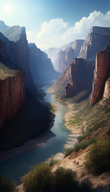 Zicht op een rivier die door een generatieve ai van een canyon stroomt