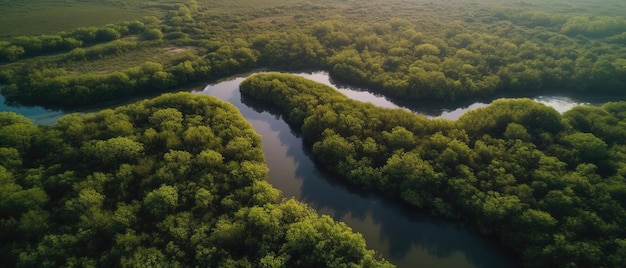 Zicht op het eiland midden in de zee met helderblauw water en groene palmbomenLuchtfoto Panoramische opname Generatieve AI