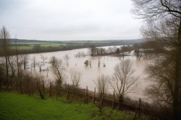 Foto zicht op het veld met de rivier die buiten haar oevers treedt en het land onder water zet