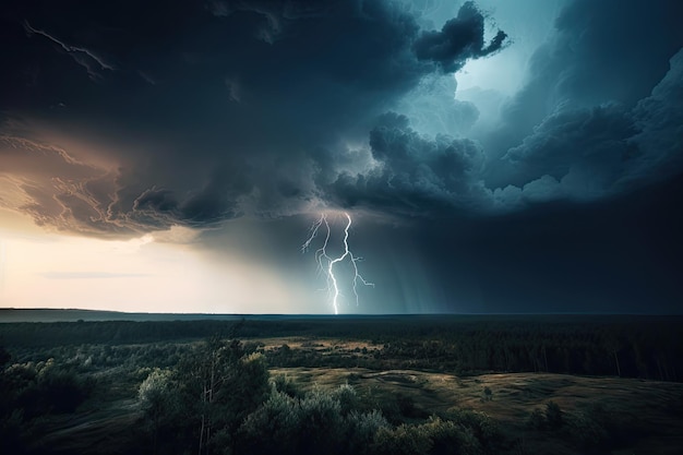 Zicht op orkaan met donkere wolken en bliksemflitsen in de verte gecreëerd met generatieve ai