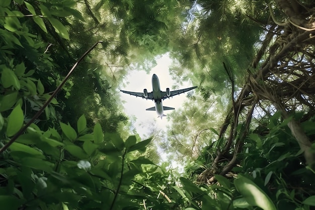 Zicht op vliegend vliegtuig door bomen Generatieve AI