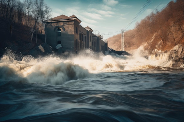 Zicht op waterkrachtcentrale met water dat door de turbines raast, gemaakt met generatieve ai