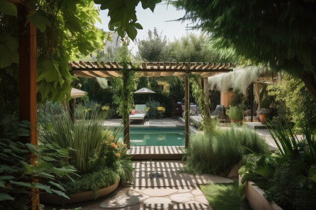 Zicht op weelderige tuin en pergola met zicht op het zwembad