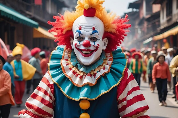 Zicht van angstaanjagende clown die een Joker loopt in Mardi Gras parades viering