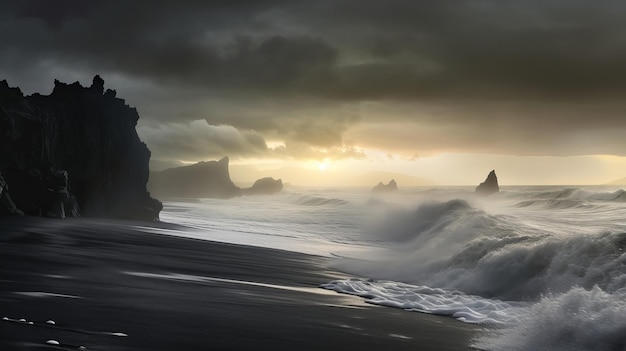 Zie de golven van de Atlantische oceaan in de schemerige zandkust in IJsland AI gegenereerd