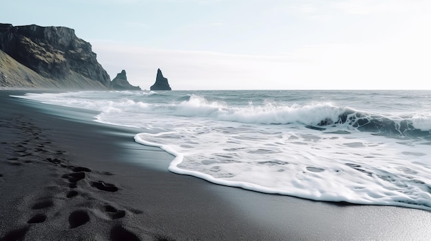 Zie de golven van de Atlantische oceaan in de schemerige zandkust in IJsland AI gegenereerd