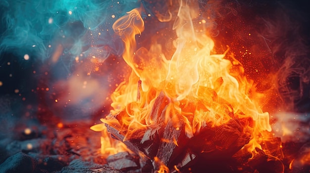 Zie een vuur branden met een buitenaardse vlam die een bovennatuurlijke schittering uitstraalt die hem onderscheidt De levendige kleuren draaien en krullen Gegenereerd door AI