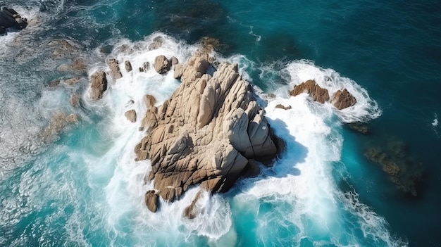 Zie in de lucht Kolossaal rotsblok in delen van de oceaanZeer steile kust AI gegenereerd