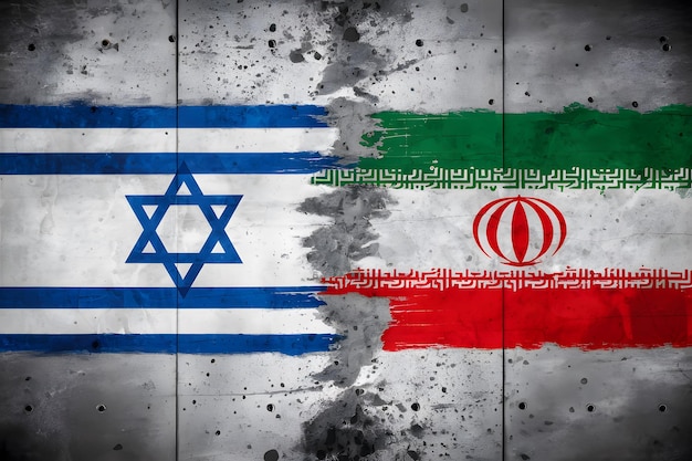 Zie Israëlische en Iraanse vlaggen op een ruige betonnen achtergrond geopolitieke spanning