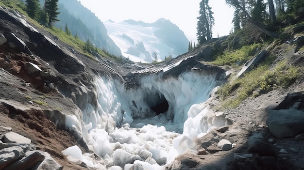 Zie van zacht wordende sneeuw in een grot Creatieve bron AI Gegenereerd