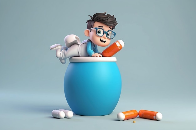 Zieke 3D-personage zit op een pil pot geïsoleerd