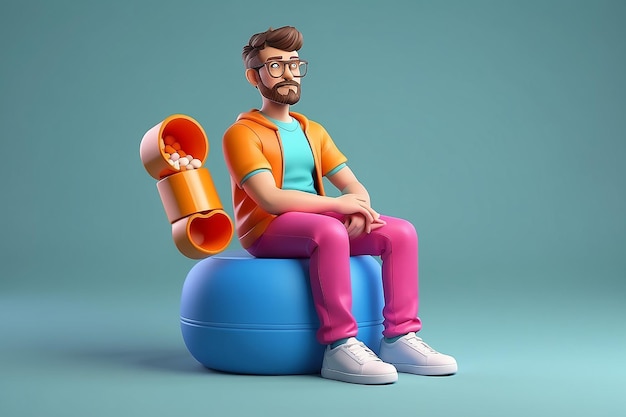 Zieke 3D-personage zit op een pil pot geïsoleerd