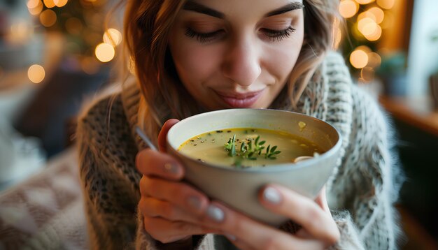 Foto zieke jonge vrouw die kippensoep thuis eet.