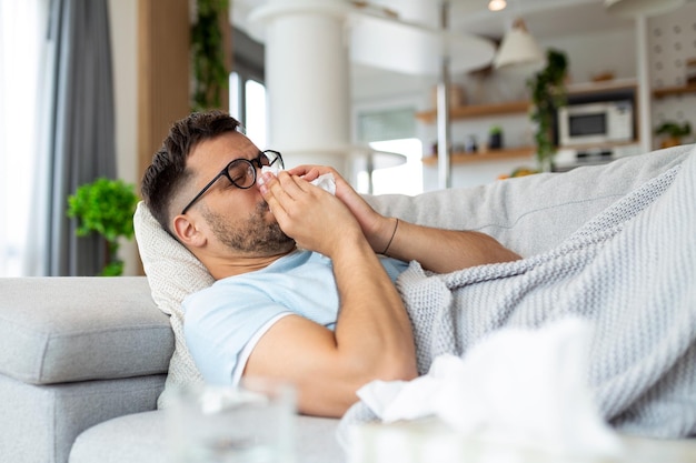 Zieke trieste man met bril zit thuis op de bank lijdt aan loopneus griepziekte coronavirus pandemie covid epidemie niest Onwel man voelt zich slecht koorts virus ziektesymptomen binnen