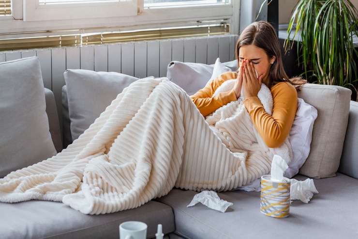 Foto zieke vrouw met een loopneus die op een bank ligt