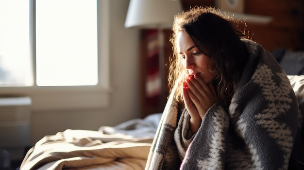 Zieke vrouw snuit haar neus op een koude winterdag