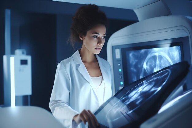 Foto ziekenhuis radiologie kamer mooie multi-etnische vrouw staat in medisch gewaad in de x-ray machine volwassen vrouw ondergaat gezondheidszorg examen en is het scannen van borst hart longen in de moderne kliniek kantoor