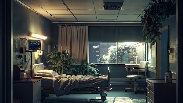 Foto ziekenhuiskamer met patiënt in bed medisch interieurbeeld