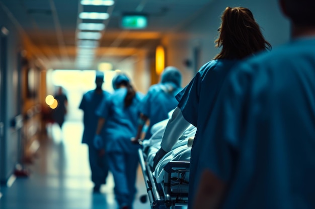 Foto ziekenhuisverpleegster navigeren corridor met gurney