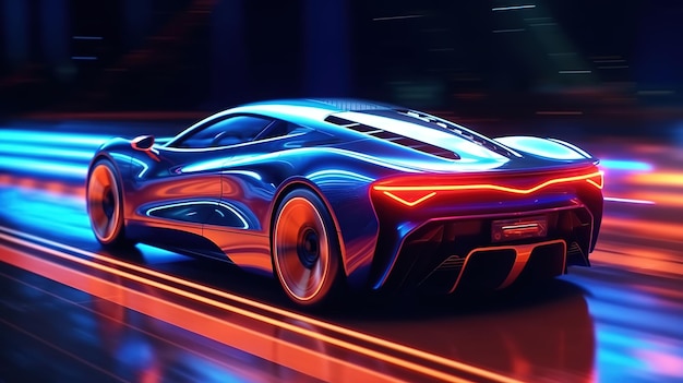 Zij-achteraanzicht van futuristische sportwagen op Neon Highway gaming-weergave
