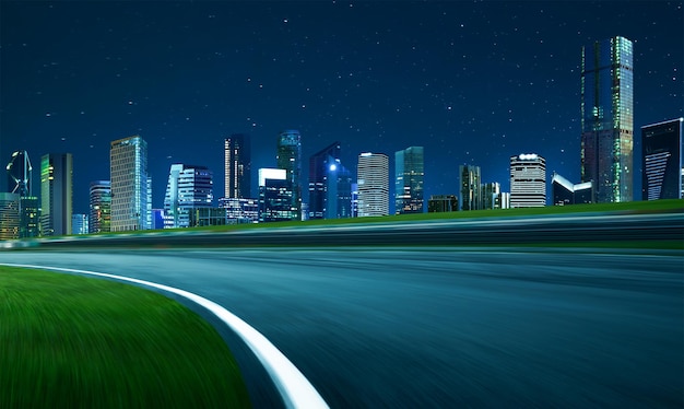 Zijaanzicht asfaltweg op nachtscène in de buurt van de moderne stad Bewegingsonscherpte-effect van toepassing