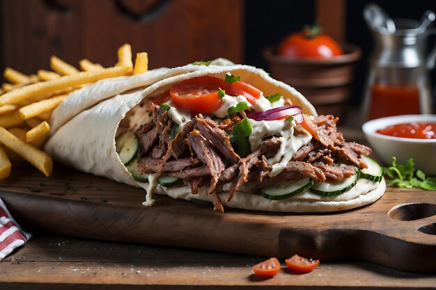 Foto zijaanzicht doner met vlees komkommer tomatensaus en frietjes op een bord