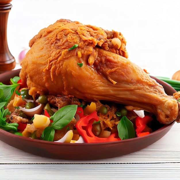 Zijaanzicht kip ragout gebakken kip drumstick met ui, paprika en greens op tafel op witte achtergrond