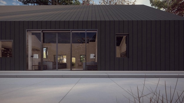 Zijaanzicht luxe zwart huis 3d illustratie