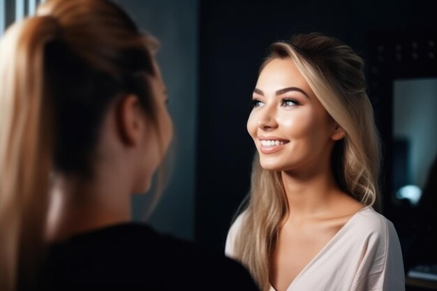 Zijaanzicht make-up en blij met een vrouw in de studio voor natuurlijke schoonheid en spa-diensten