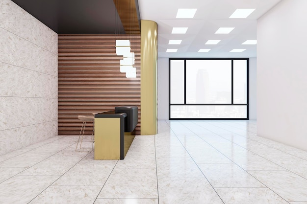 Foto zijaanzicht op de ruime kantoorhal van het zakencentrum met stijlvolle donkere en gouden receptie lichte glanzende vloer en uitzicht op de stad vanuit grote ramen op de achtergrond 3d-rendering