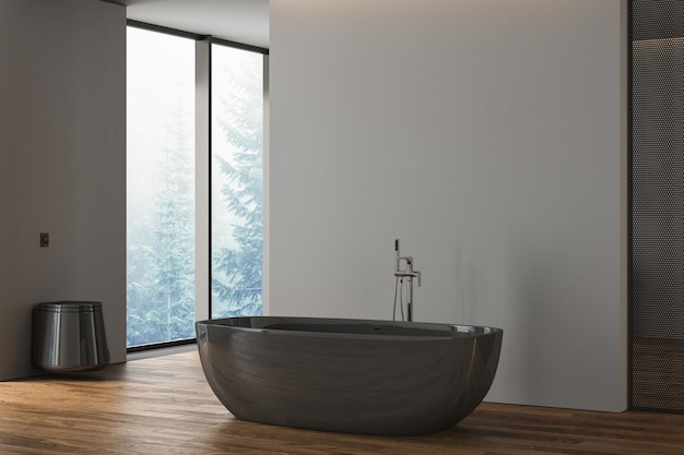 Zijaanzicht op donker badkamerinterieur met panoramisch badkuipraam in reflectiegrijze muren en parketvloer 3D-rendering