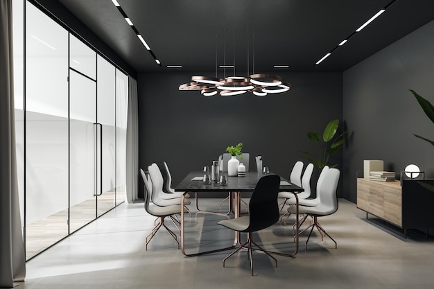 Zijaanzicht op donkere vergaderruimte interieur met stijlvolle lamp boven zwarte vergadertafel met vazen witte stoelen op betonnen vloer zwarte muren en glazen deur 3D-rendering