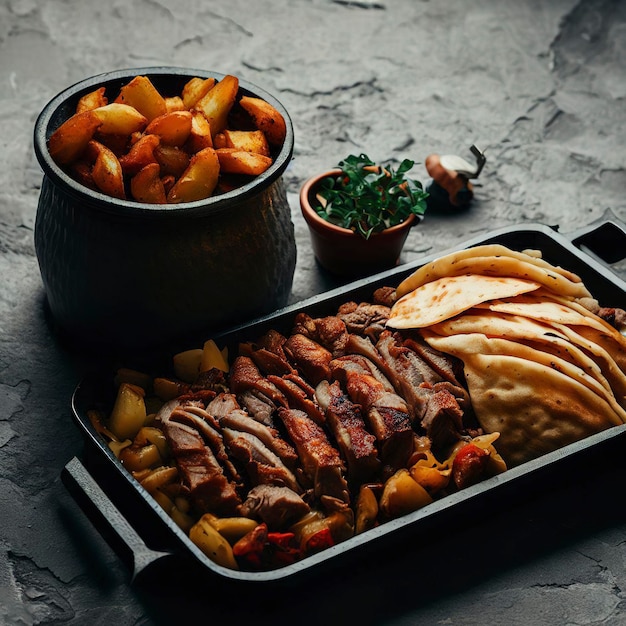 Zijaanzicht shoarma met gebakken aardappelen in bord kookgerei op stenen achtergrond