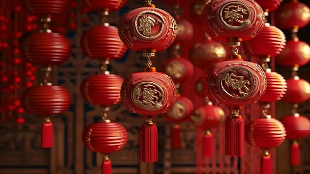 Zijaanzicht van Chinees Nieuwjaar decoratie hangend aan de rode achtergrond Generatieve AI