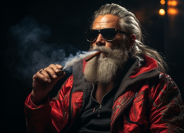 Zijaanzicht van een gerimpelde stijlvolle man met een sigaar Portret van een oude grijsharige man die een sigaar rookt Foto van hoge kwaliteit