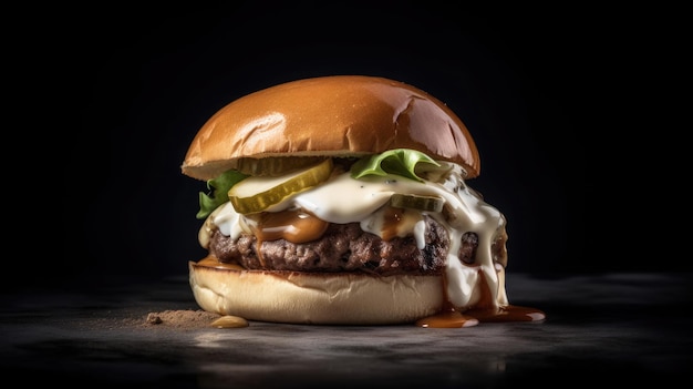 Zijaanzicht van een hamburger op een donkere rustieke achtergrond met close-upfoto van rundvlees en roomkaas