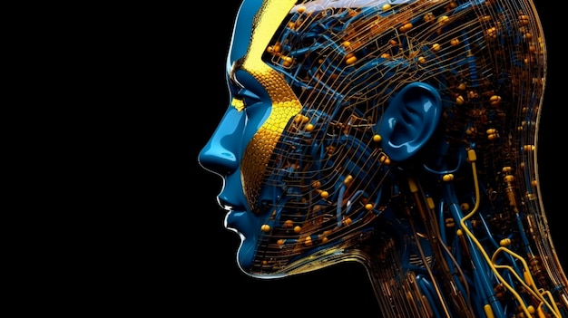 Zijaanzicht van een mensachtig hoofd met blauwe en gele ogen en een levendig neon neuraal netwerk dat futuristische technologie en kunstmatige intelligentie vertegenwoordigt Generatieve AI