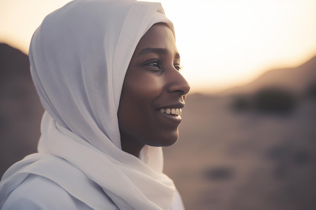 Zijaanzicht van een mooie Afrikaanse moslimvrouw die Arabische Hajj-kleding draagt met een charmante glimlach