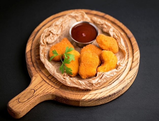 Zijaanzicht van gebakken kipfilet in panko paneermeel geserveerd met sla zoetzure saus in steelpan bij schotel geïsoleerd op zwarte achtergrond Tekstruimte webbannerontwerp