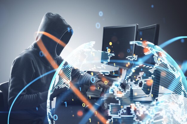 Zijaanzicht van hacker op desktop met behulp van computers met gloeiende wereldbol hologram Wereldwijd concept van hackingcriminaliteit en phishing Dubbele blootstelling