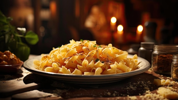 Zijaanzicht van hartige pasta zout met gesneden groenten op een bord op een onscherpe achtergrond