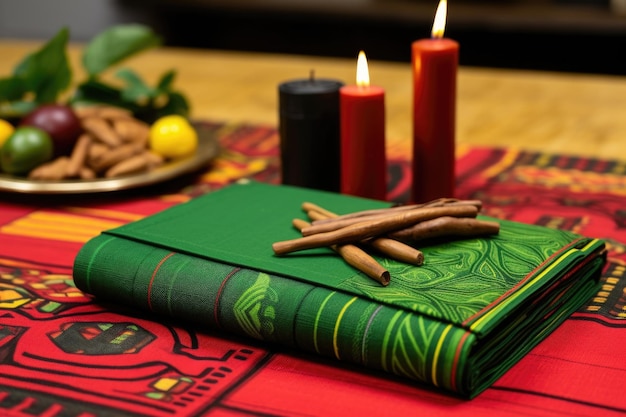 Foto zijaanzicht van kwanzaa-literatuur geplaatst op een groene mat