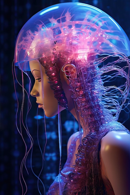Zijaanzicht van mooie robot machine lucht meisje op futuristische achtergrond